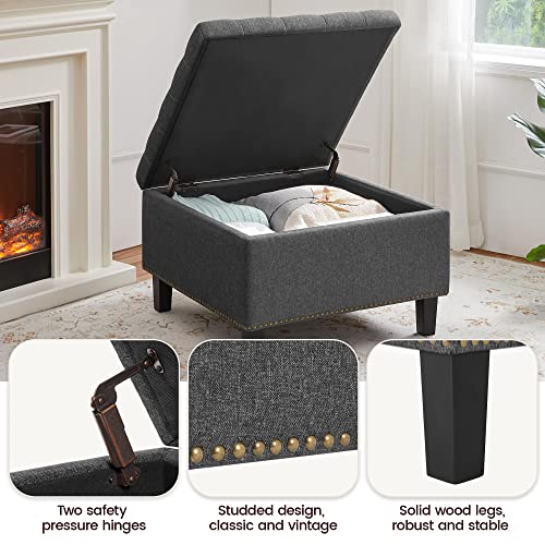 Yaheetech 28in Square Storage Ottoman Coffee Table with Nailhead, Dark Gray | Button-Tufted Linen-Look Fabric Bench, 3.2C Storage Space, Wood Legs, Metal Hinges, for Bedroom Foot of Bed Living Room - size: 28"D x 28"W x 18"H