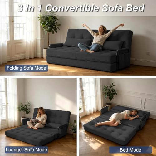 Futon Sofa Bed,Convertible Sofa Bed,Folding Boneless Couches | 3-in-1 Folding Sofa Bed,Boneless Couches for Living Room with Pillow & Side Pocket,High-density Foam,Double Sleeper,Black - color: Balck, size: Full