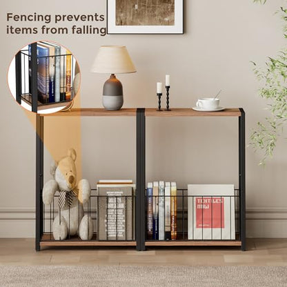 Homleke Narrow Side Table with Magazine Holder, Skinny End Table | Space-Saving Design, Small Spaces, Storage Shelf, Metal Frame, Easy Assembly, 7.1" D x 16.9" W x 23.6" H, Rustic Walnut - color: Rustic Walnut - Standard