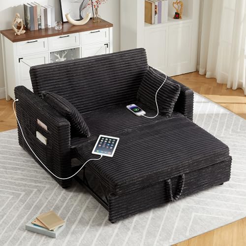 Garvee Loveseat Sleeper Sofa Bed, Pull Out Sofa Bed with Charging Ports | 55'', with Pull Out Couch and Adjustable Backrest, 2 Charging Stations, Side Pockets for Living Room, Dark Grey - color: Dark Grey