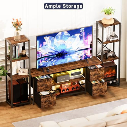 LED TV Stand Bookshelf Combo with Charging Station for 65 60 55 Inch TV, Entertainment Center with Lights & Drawers, Industrial Media TV Console Table for Living Room Bedroom Office, Rustic Brown - color: Rustic Brown