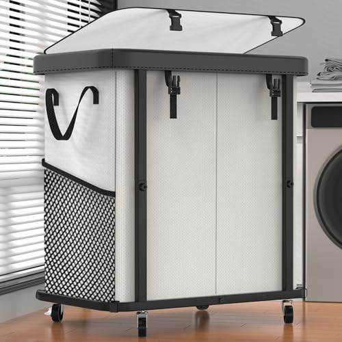 Laundry Basket with Wheels,190L (50 Gal) Laundry Hamper 2 Setion - Beige | Leather Patchwork,Sturdy Metal Frame, Removable Washable Bag, Tall Clothes Sorter for Bedroom, Laundry Room - color: Beige, size: 2 Section-190L