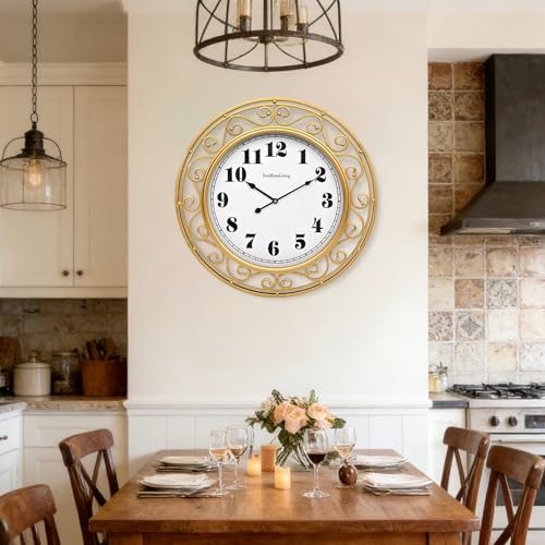 SwallowLiving 24 Inch Vintage Iron Large Metal Frame Gold Wall Clock Silent, Battery Operated, Elegant Retro Decor for Living Room, Kitchen, Office, Dining Room, and Bedroom - color: Gold, size: 24 Inch