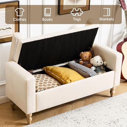 Large Storage Ottoman Bench, 45.7" Linen Upholstered Entryway Bench with Solid Wood Legs, End of Bed Bench, Shoe Bench, Ottoman Storage Chest for Bedroom/Living Room/Entryway,Beige - color: Beige