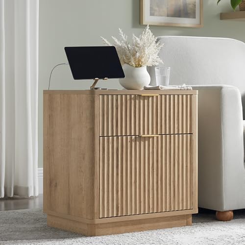 T4TREAM 23'' Fluted Nightstand with Charging Station, Modern, Natural Oak | Large 2 Drawer, Curved Profile, Mid-Century, Bedside Table with Storage, End Table for Living Room, Bedroom, Side Table - color: Natural Oak