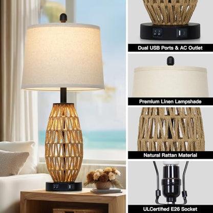 CINSARY 27" Boho Rattan Table Lamp with Night Light, Wicker Bedside Lamp with USB A+C Charging Port, Woven Coastal Bedroom Lamps for Nightstand, Tall Farmhouse Lamps for Living Room Single - color: Rattan-1P