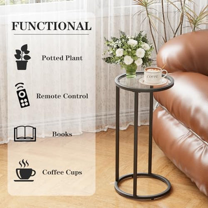 Easy Paws Round Side Table,Glass C Table,Couch End Table, Tempered Glass Snack Table with Metal Frame, Sofa Couch Bedside Table,TV Tray Table for Small Space(Black) - color: Black