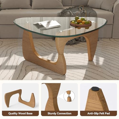 Modern Glass Coffee Table, Triangle Center Table with Tempered Glass Top& Unique Wooden Base, 31.5” Mid Century Tea Tables for Living Room, Apartment, Office,Wood &Transparent - color: Wood & Transparent, size: Small 31.5*19*15.7in