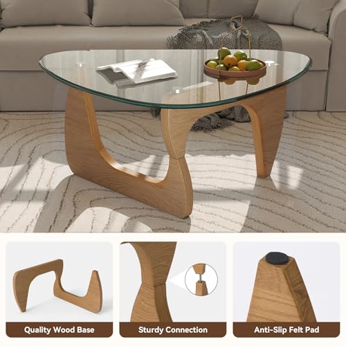 Modern Glass Coffee Table, Triangle Center Table with Tempered Glass Top& Unique Wooden Base, 42.5” Mid Century Tea Tables for Living Room, Apartment, Office,Wood &Transparent - color: Wood & Transparent, size: Large 42.5*28.5*15.7in