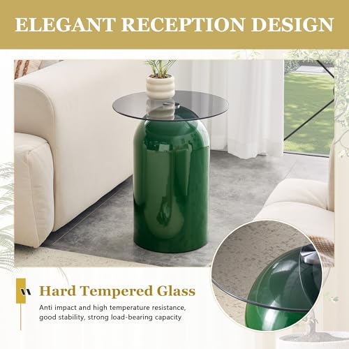 15.7" Round Side Table with Tempered Glass Top, Modern Small Glass Coffee Table with Carbon Steel Base for Living Room, End Table for Office, Easy Assembly, Green - color: 15.7" Side Table, Green