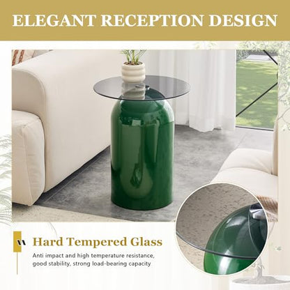 15.7" Round Side Table with Tempered Glass Top, Modern Small Glass Coffee Table with Carbon Steel Base for Living Room, End Table for Office, Easy Assembly, Green - color: 15.7" Side Table, Green