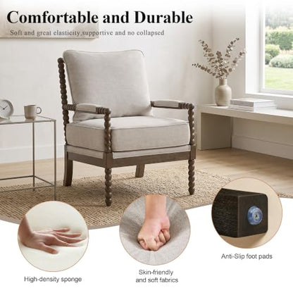 DUHOME Chenille Fabric Spindle Accent Chair with Wood Frame,Bobbin Chair with High Resilience Spring Cushion and Armrest Pads, Leisure Armchair for Living Room Bedroom Farmhouse Home Office Belcony - color: Dark Walnut+grey, size: 1 pc
