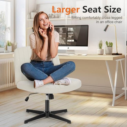 Sweetcrispy Criss Cross Chair, Armless Office Desk Chair | Height Adjustable, Wide Seat, Cute Comfy Fabric, Task Seating, No Wheels, Home Bedroom Vanity, Beige