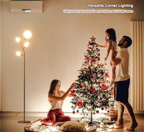 Fiqevs 4 Globe Floor Lamp for Living Room, Mid Modern Standing Tree Lamp | 3000K Warm Light, 4 LED Bulbs Included, Sphere Ball Frosted Glass Shade Tall Lamp for Bedroom/Office, Antique Brass/Gold - color: 4 Globe Tree- Gold