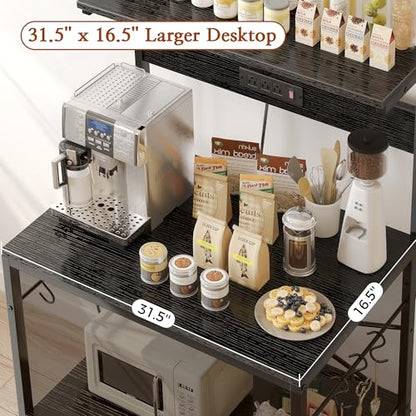 SUPERJARE Bakers Rack with Power Outlets, Microwave Stand, 31.5 X 16.5 Inch Larger Desktop, Kitchen Storage Rack with Adjustable Middle Shelf, 6 S-Shaped Hooks, Coffee Bar Stand, Black - color: Black, size: 31.5 inch