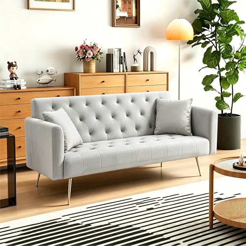 Anwick 72''Modern Velvet Sofa Bed Futon,Convertible Folding Sleeper Couches with 3 Adjustable Backrests,Tufted Recliner Loveseat with Golden Chrome Legs for Living Room Apartment Office (Grey) - color: Grey