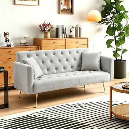 Anwick 72''Modern Velvet Sofa Bed Futon,Convertible Folding Sleeper Couches with 3 Adjustable Backrests,Tufted Recliner Loveseat with Golden Chrome Legs for Living Room Apartment Office (Grey) - color: Grey