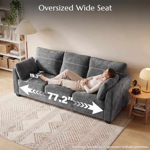 89" Sofa, Chenille 3-Seater Sofa with 2 Pillows, Grey | Easy Assembly, Pocket Spring Cushions, Comfy Modern Small Couch for Living Room, Bedroom, Apartment, Office - color: Grey, size: 89" 3-Seater Sofa