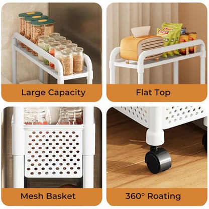 Slim Rolling Storage Cart for Small Space, 4 Tier White Utility Cart Shelves Organizer, Plastic Storage Cart on Wheels for Kitchen, Office, Bathroom, Laundry Room and Narrow Places