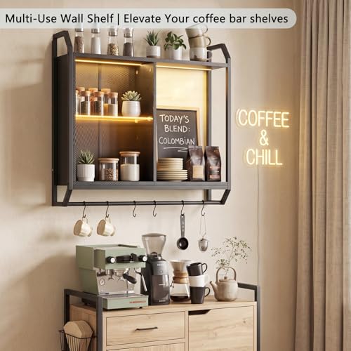 Gaming Floating Wall Shelves with LED Lights, Wall Mounted Shelf | 24" Shelf with Adjustable Glass Bar & 6 Hooks, Gaming Wall Shelf for Bedroom Gaming Room Living Room Office