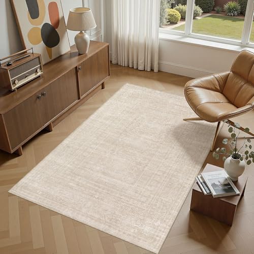 Nakagishi Neutral 4x6 Area Rugs for Living Room Washable, Beige | Pet & Kid Friendly, Non-Slip, Soft, Low-pile Carpet for Living Room/Bedroom/Office/Nursery, Stain Resistant Vintage - color: Beige, size: 4' x 6' (Rectangular)