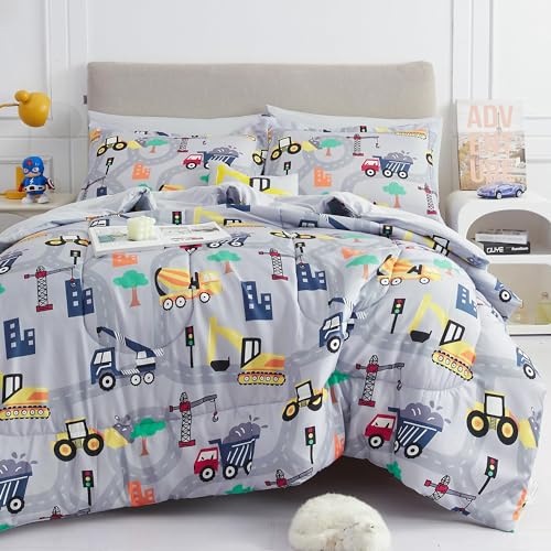 Kids Full Comforter Sets for Boys 8 Pieces Excavator Grey Bedding Set for Teens Soft Microfiber Kids Bed in A Bag with Comforter, Sheet Set, Shams and Decorative Toy Pillow All Season - color: Excavator, size: Full