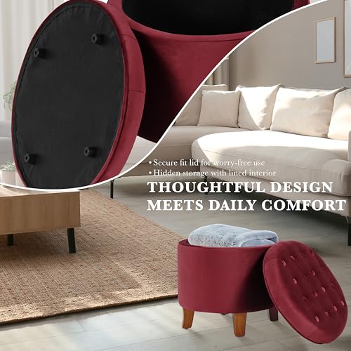 HomePop 19" Velvet Button Tufted Round Storage Ottoman - Burgundy - color: Burgundy