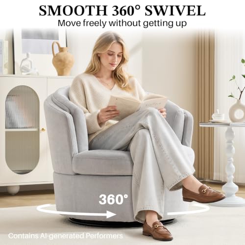 Swivel Accent Chair, Widened Round Barrel Chair with Pillow | Wide Padded Seat, Upholstered Chenille, Silent 360° Swivel Barrel Armchair for Living Room Bedroom Reading Nook, Light Gray - color: Light Gray