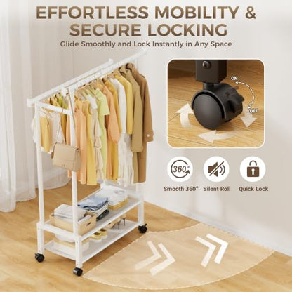 Double Rod Clothing Rack with 2 Shelves, Rolling, White | All tools included, metal frame, 4 casters with 2 locking, for bedroom, laundry, and entryway - color: White