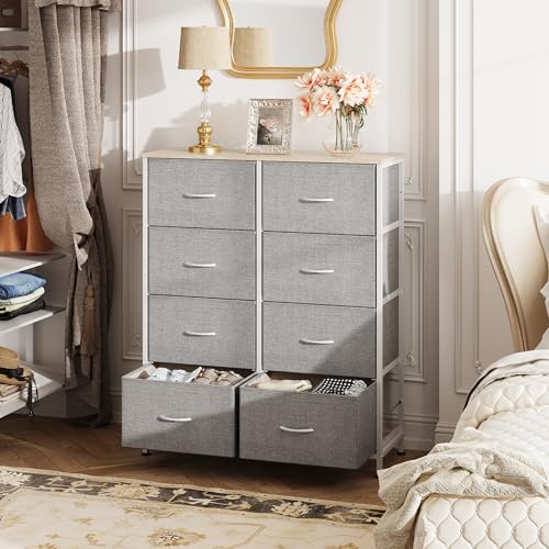 WLIVE Fabric Dresser for Bedroom, Tall Dresser with 8 Drawers, Storage Tower with Fabric Bins, Double Dresser, Chest of Drawers for Closet, Playroom, Dormitory, Light Grey | 8-drawer tall storage tower with fabric bins and wood tabletop, breathable non-wo