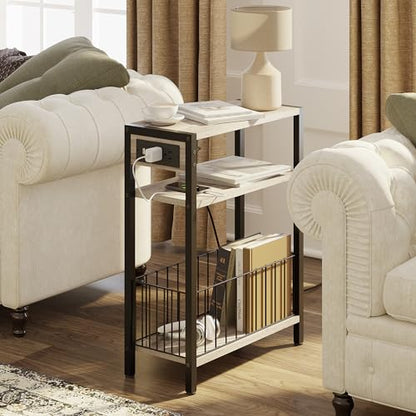TRIFEBLE Narrow Side Table with Charging Station, Small End Table for Small Spaces, Slim Nightstand with Storage Basket, 3 Tier Skinny Bedside Table for Living Room, Bedroom, Greige - color: Greige