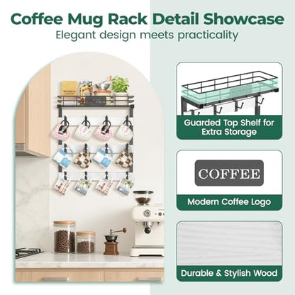 EsLuker.ly Coffee Mug Holder Cup Hanger Wall Mounted Display Rack | Metal Organizer with 12 Movable Plastic Hooks, Wood Rustic Shelf for Coffee Bar Home Kitchen, Thoughtful Wall Storage, White - style: 12 Movable Hooks White Style