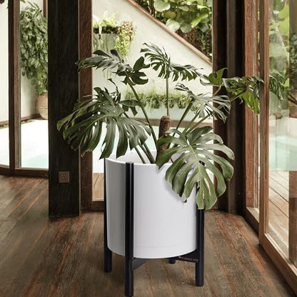 D'vine Dev Plastic Pot with Ebony Wood Stand, White, 16 in, 55-C-Z-1 | Mid-Century Inspired Design, Elevated Plant Display, Clean Lines, Sturdy Support, Modern Space-Saving Style - color: Matte White Pot + Ebony Stand, size: 16 Inch