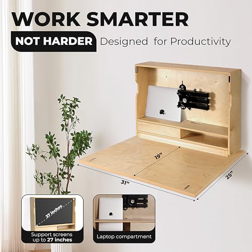 ARROWSTONE Ample.Space SKEENA Wall-Mounted Desk, Pre-Assembled Folding Desk with Storage, VESA Monitor Mount, Space-Saving Murphy Desk Design for Home Office (31")