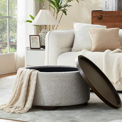 Zihanhome 30 Inch Round Storage Ottoman, Ottoman Coffee Table with Lift Off Lid, Boucle Modern Ottomans with Storage for Living Room, Bedroom, Apartments (White and Gray Striped) - color: White and Gray Striped