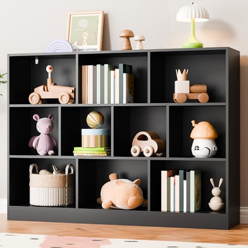 Black Bookshelf, 3-Tier Open Shelf Bookcase, 10 Cube Storage Organizer with Anti-Tilt Device, Freestanding Horizontal Bookshelf Cube Shelf for Bedroom, Living Room, Office - color: Black, size: 43.31"W x 33.07"H