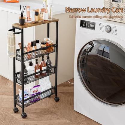 Slim Rolling Cart 4 Tier Narrow Storage Cart on Wheels with Handle | Lockable Wheels, Wood Top Panel, Metal Frame Utility Carts for Kitchen, Dining, Living, Home Office, Laundry Room - size: 16.54 x 5.12 x 30.31 inch