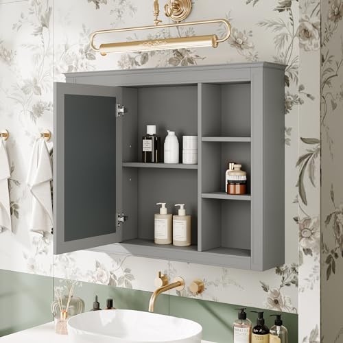 Wall Mounted Medicine Cabinet, Bathroom Storage Cabinet with Mirror Door and 6 Adjustable Open Shelf (7.3" D x 35" W x 27.5" H) (Grey) - color: Grey