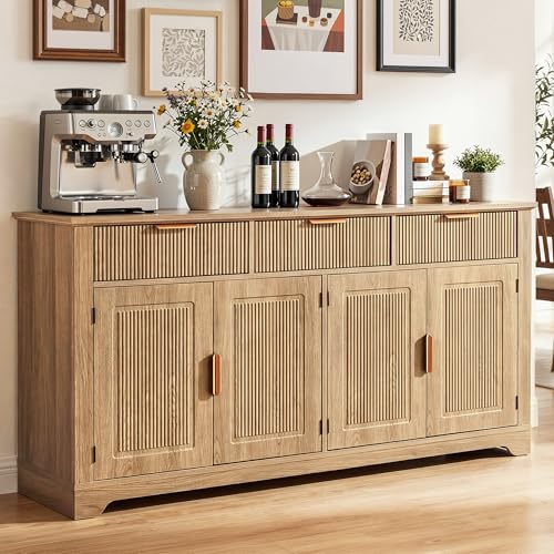 YITAHOME 59" Buffet Cabinet Fluted Sideboard Coffee Bar Natural Oak | Kitchen Storage Cabinet Adjustable Shelves & Drawers, Mid Century Modern Credenza for Kitchen, Living Room
