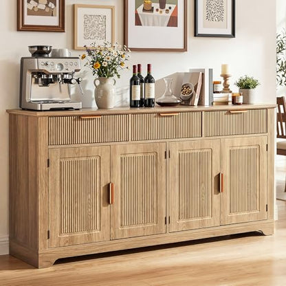 YITAHOME 59" Buffet Cabinet Fluted Sideboard Coffee Bar Natural Oak | Kitchen Storage Cabinet Adjustable Shelves & Drawers, Mid Century Modern Credenza for Kitchen, Living Room