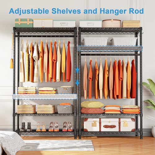 H4 Portable Closets, 4-Tier Metal Clothes Garment Rack for Bedroom and Cloakroom, Clothing Closet Storage and Organizer Wardrobe, 35.4" W x 14" D x 76.4" H, Black | Black Freestanding Clothing Closet Storage and Organizer Wardrobe for Apartment and Cloakr