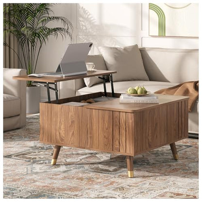 JOINICE Walnut Lift Top Coffee Table with Storage for Living Room,Square | 32" Multi-functional Pop Up Center Table,Large Hidden Compartments with Solid Wood Legs,Lift to 23",Hold 100lbs,Easy Assembly - color: Walnut_square
