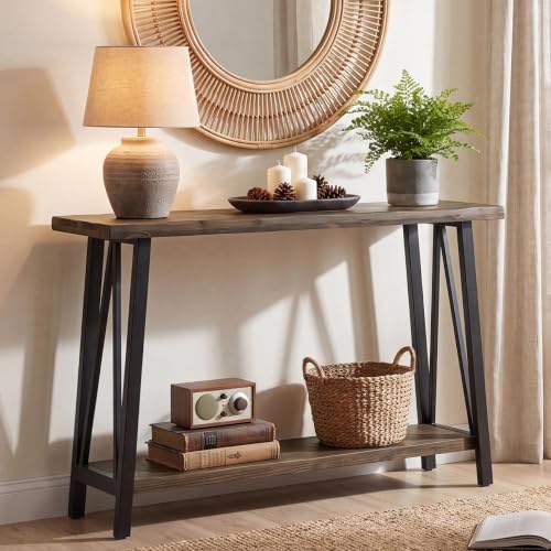 Tribesigns 41.3" Live Edge Solid Wood Console Table, Industrial 2-Tier Entryway Table with Sturdy Metal Frame, Narrow Sofa Accent Table with Storage Shelf for Living Room Hallway Foyer, Brown & Black