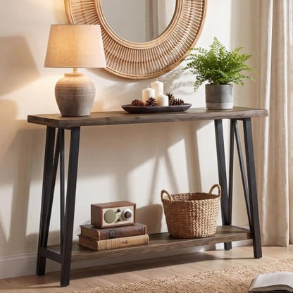 Tribesigns 41.3" Live Edge Solid Wood Console Table, Industrial 2-Tier Entryway Table with Sturdy Metal Frame, Narrow Sofa Accent Table with Storage Shelf for Living Room Hallway Foyer, Brown & Black