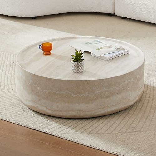 Round Faux Marble Fiberglass Drum Coffee Table, 31.49in Mars, No Assembly - color: 31.49'' Mars Pattern