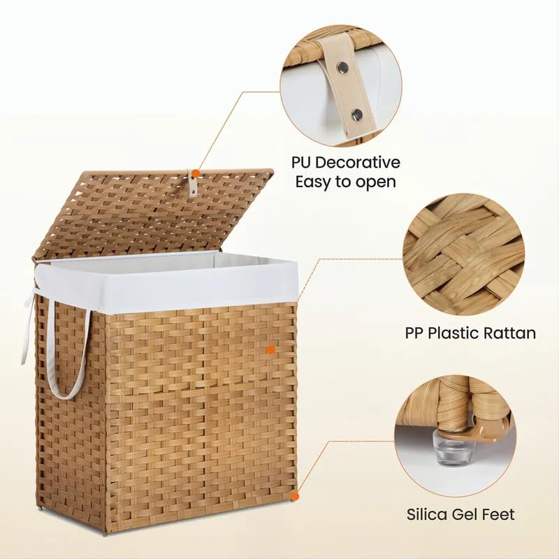 Laundry Hamper with Lid, 110L Foldable Laundry Basket with Removable Liner Bags, Handwoven Synthetic Rattan Clothes Hamper for Bathroom, Bedroom, Laundry Room, Yellow - color: Yellow-110L