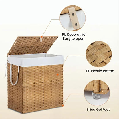Laundry Hamper with Lid, 110L Foldable Laundry Basket with Removable Liner Bags, Handwoven Synthetic Rattan Clothes Hamper for Bathroom, Bedroom, Laundry Room, Yellow - color: Yellow-110L