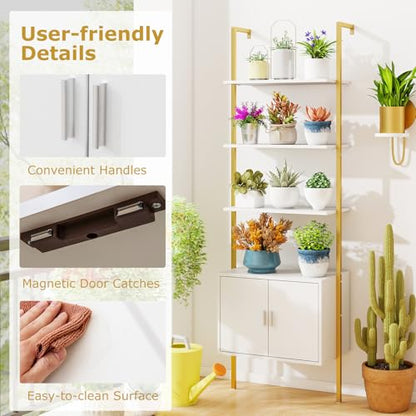 Giantex 5-Tier Wall-Mounted Ladder Shelf, 72.5" Tall Bookshelf w/ 2-Door Cabinet, Modern Style Kitchen Open Shelving Organizer, Heavy-Duty Metal Frame Display Rack for Living Room,White & Gold - color: White & Gold
