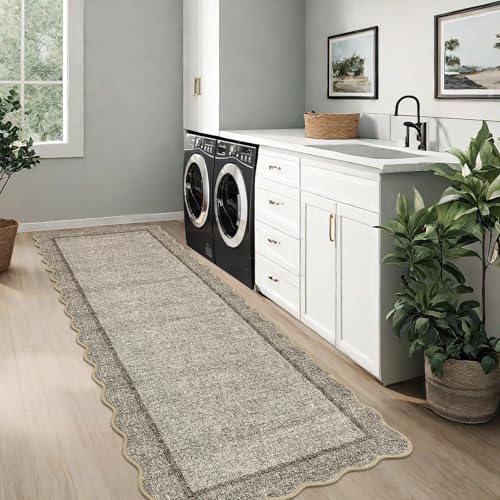 GarveeHome Scalloped Washable Runner Rug 2x6 Non Slip Kitchen Rugs, Brown | Modern Brown Entryway Rug Farmhouse Soft Bathroom Rugs Stain Resistant Carpet for Hallway Laundry Bedroom 2 ft x6 ft - color: Brown, size: 2' x 6' (Runner)