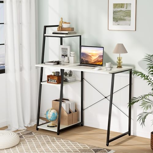Tangkula Computer Desk with Shelves, Space Saving Home Office Desk with 3-Tier Ladder Shaped Storage Bookshelf, Modern Writing Study Desk with Metal Frame, Compact Computer Workstation (White) - color: White